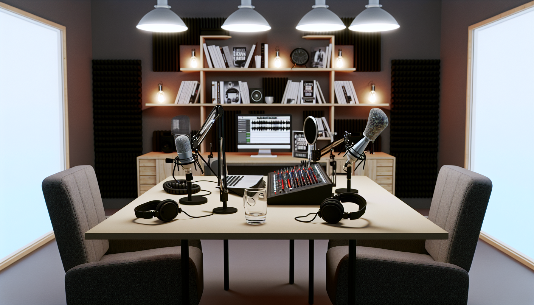 Estúdio profissional de podcast com microfones e fones de ouvido, ambiente criativo para gravação.