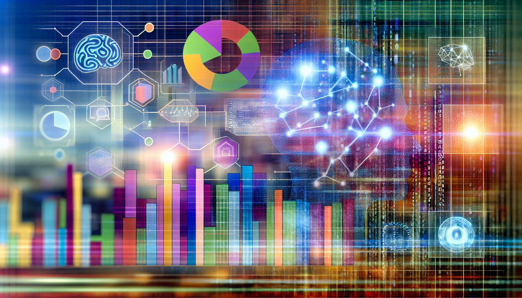 Conceito profissional de marketing digital com elementos de IA, mostrando análise e visualização de dados.