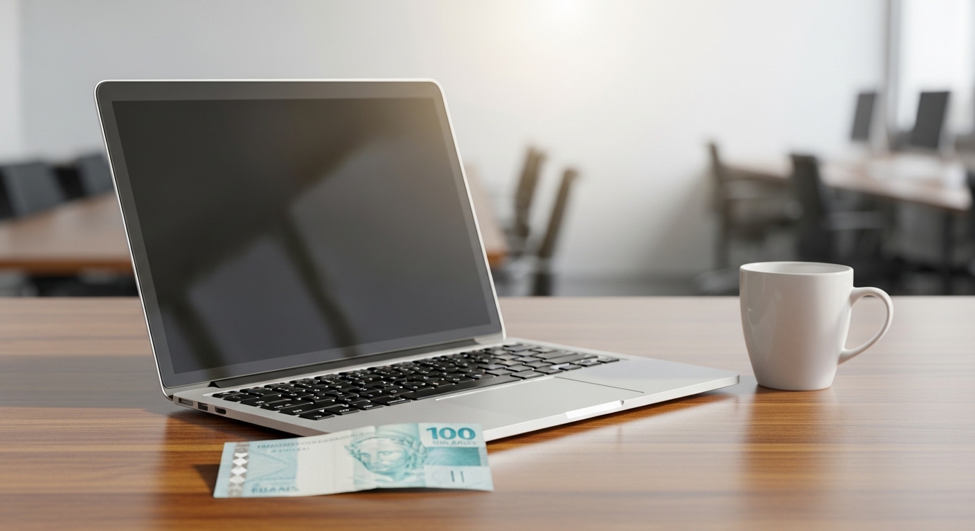 Uma nota de cem reais sobre um teclado de notebook moderno, simbolizando o início de um negócio digital.