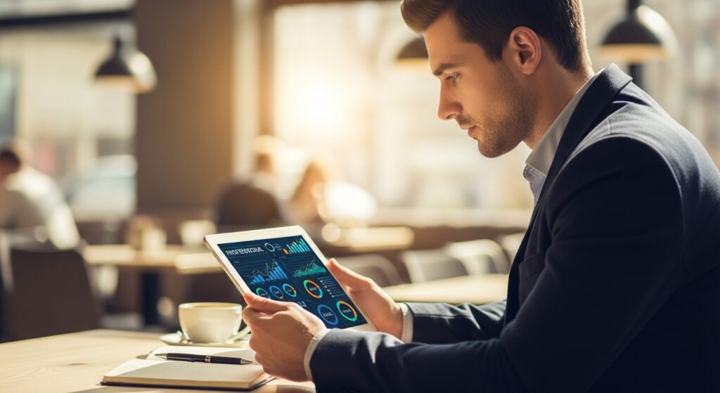 Homem jovem analisando gráficos de métricas digitais em um tablet.
